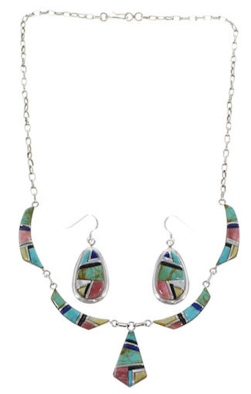 Sterling Silver Multicolor Earrings And Link Necklace Set GS75435